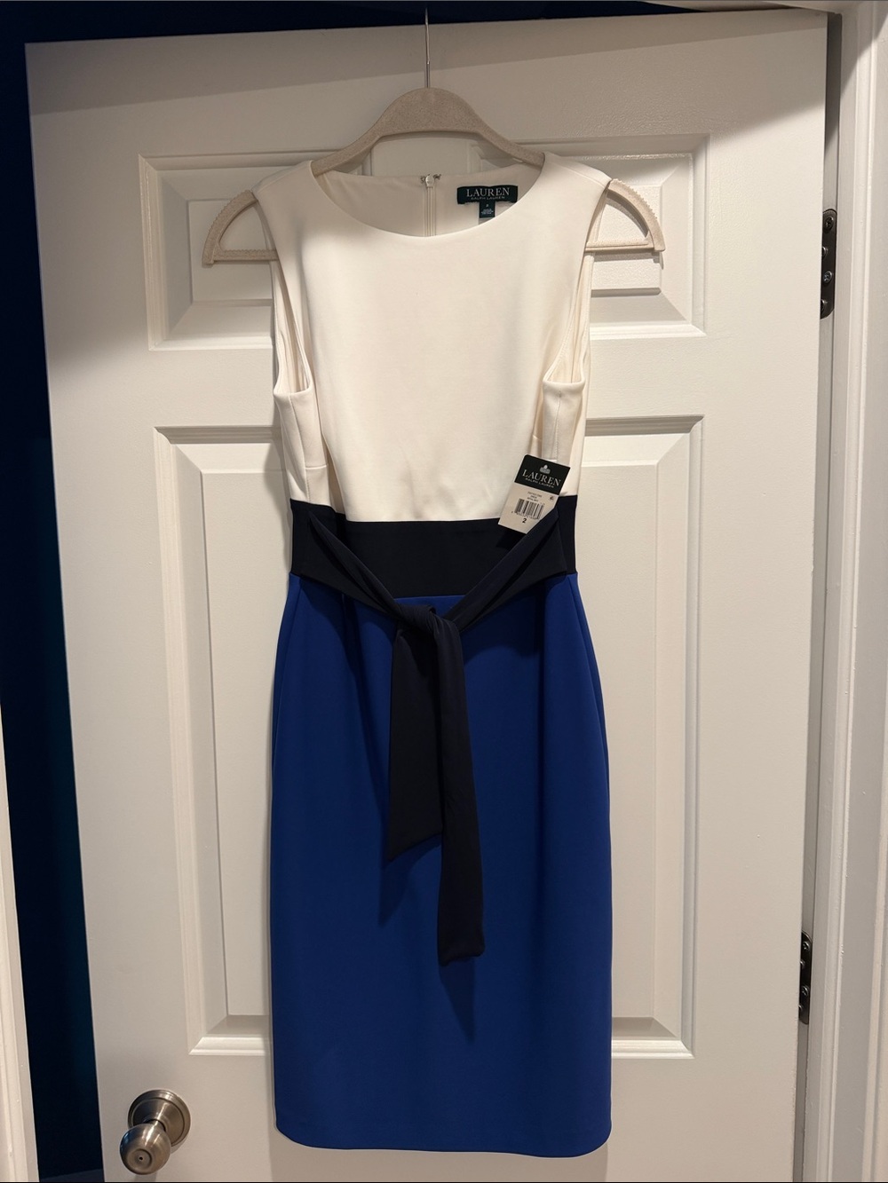 Ralph Lauren White, Black & Royal Blue Colorblock Midi Sheath Dress